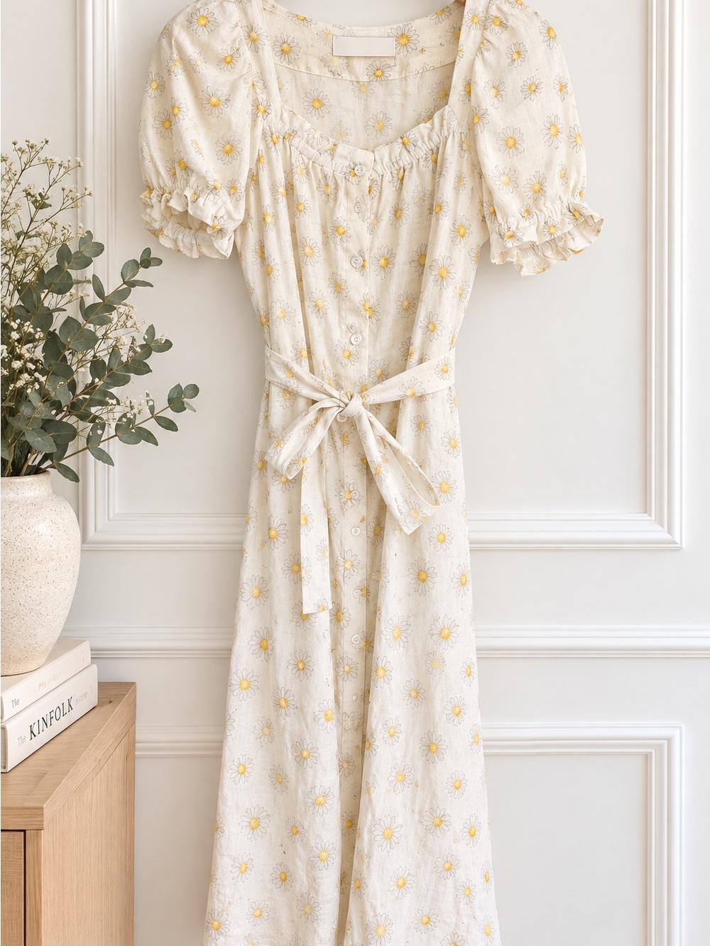Sleeper Cream Daisy-Print Maxi Dress with Puff Sleeves